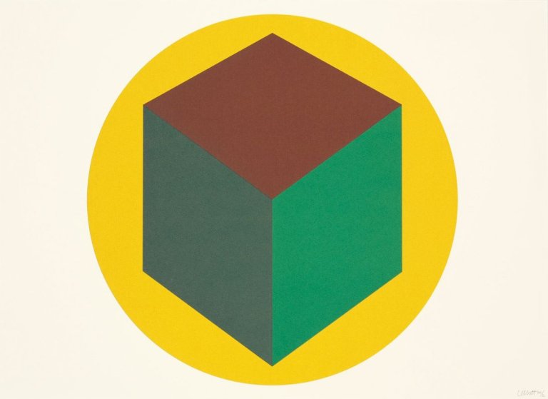 Auf diesem Bild ist das folgende Kunstwerk zu sehen: Sol LeWitt. „Centered Cube within a Yellow Circle“. 1988.