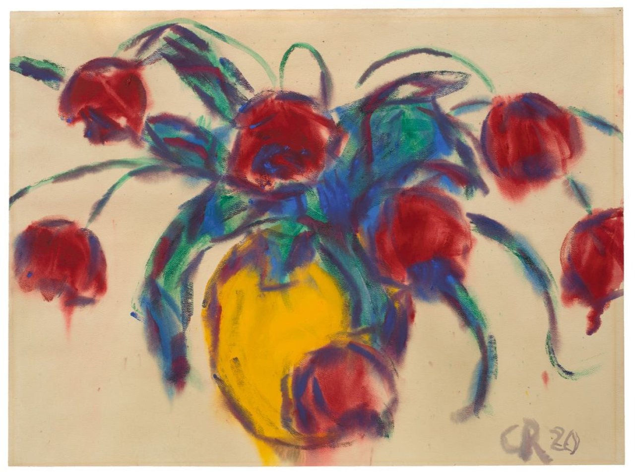 Auf diesem Bild ist das folgende Kunstwerk zu sehen: Christian Rohlfs. „Rote Tulpen in gelber Vase“. 1920.