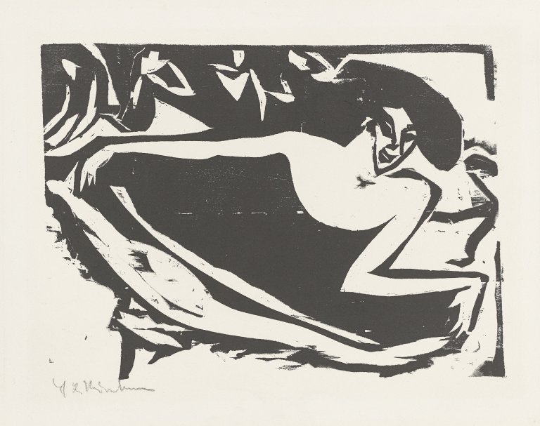 Auf diesem Bild ist das folgende Kunstwerk zu sehen: Ernst Ludwig Kirchner. „Tänzerin mit gehobenem Rock“. 1909.