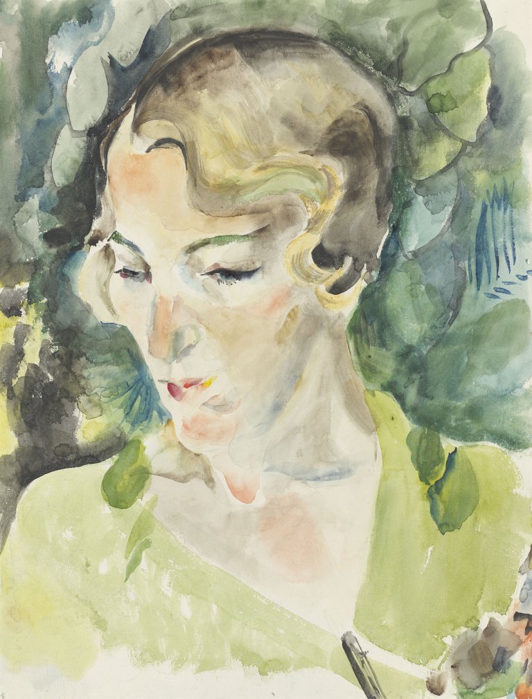 Auf diesem Bild ist das folgende Kunstwerk zu sehen: Friedl Dicker-Brandeis. Frauenporträt in Grün. Um 1925.