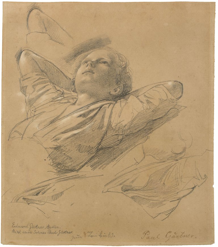 Auf diesem Bild ist das folgende Kunstwerk zu sehen: Eduard Gaertner. Studien zum Brustbild eines liegenden Jungen (Paul Gaertner, der Sohn des Künstlers). Um 1845/50.