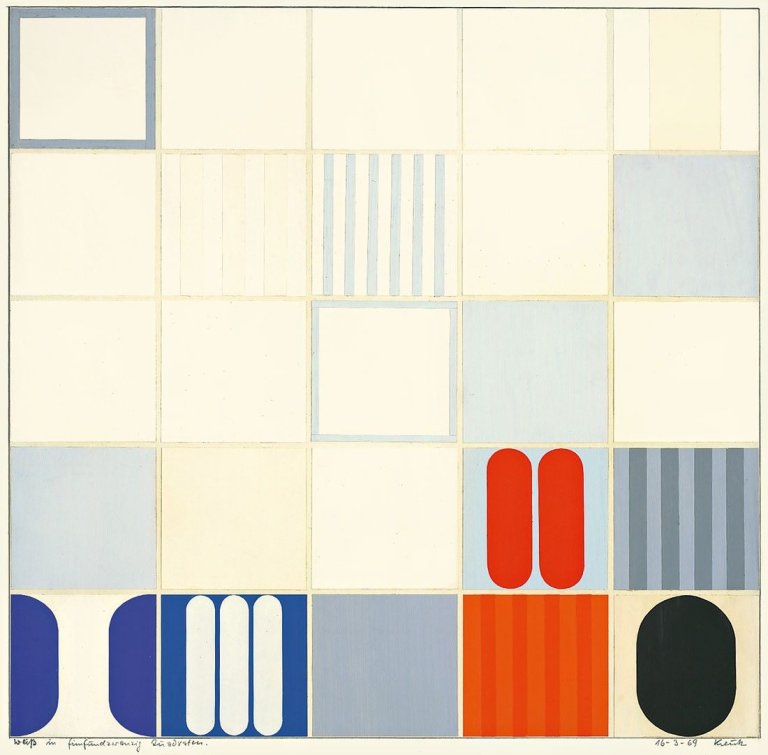 Auf diesem Bild ist das folgende Kunstwerk zu sehen: Heinz Kreutz. „Weiss in fünfundzwanzig Quadraten“. 1969.