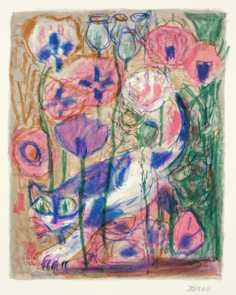 Auf diesem Bild ist das folgende Kunstwerk zu sehen: Otto Dix. „Katze im Mohnfeld“. 1968.