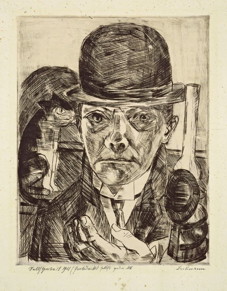 Auf diesem Bild ist das folgende Kunstwerk zu sehen: Max Beckmann. „Selbstbildnis mit steifem Hut“. 1921.