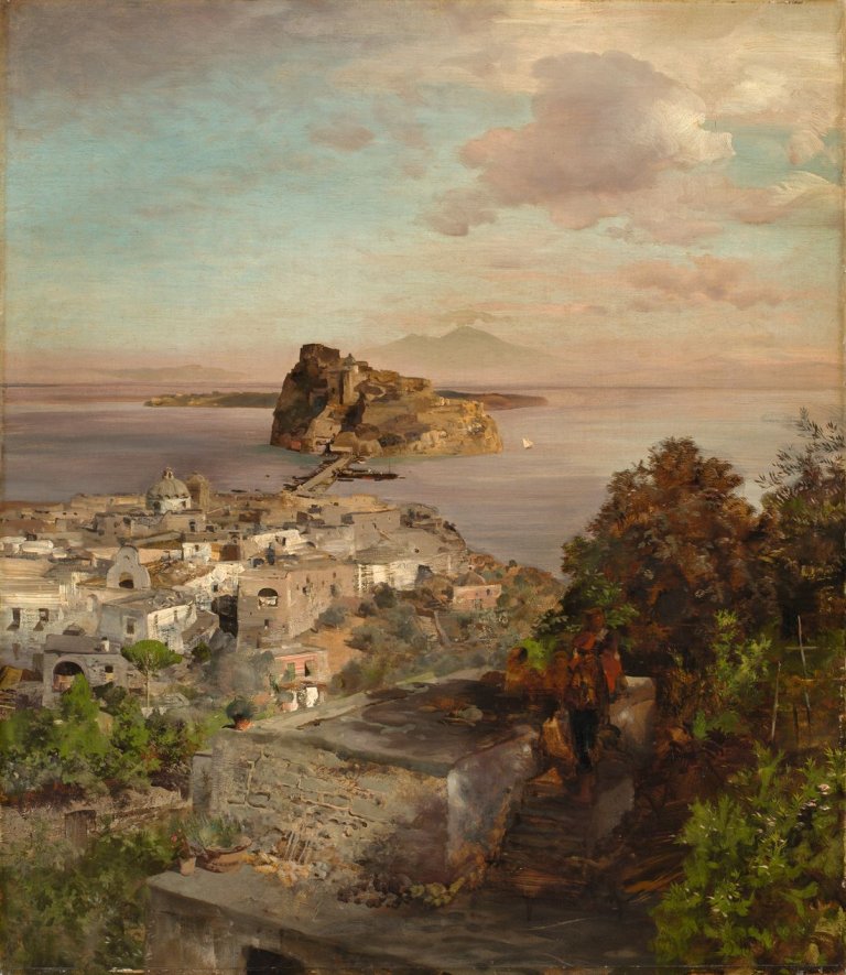 Auf diesem Bild ist das folgende Kunstwerk zu sehen: Oswald Achenbach. Blick von Ischia Ponte auf das Castello Aragonese, im Hintergrund der Vesuv. 1899.