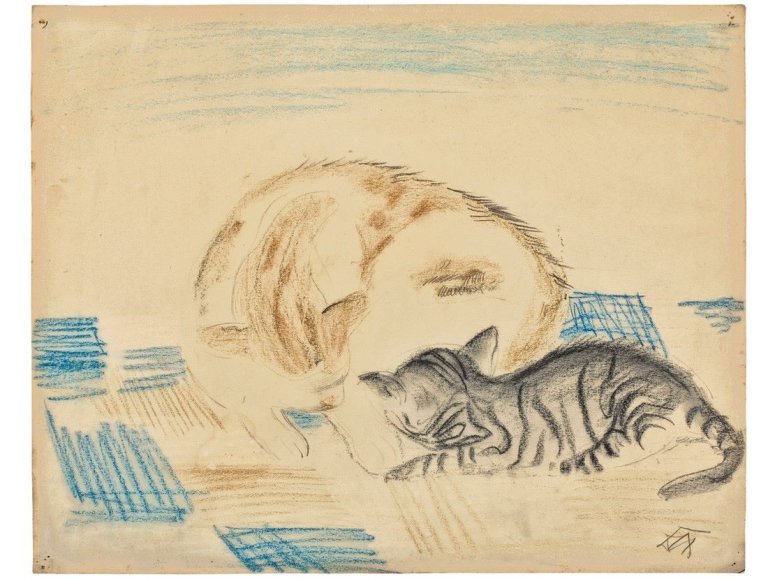 Auf diesem Bild ist das folgende Kunstwerk zu sehen: Otto Dix. „Katze und Kätzchen“. Um 1960.