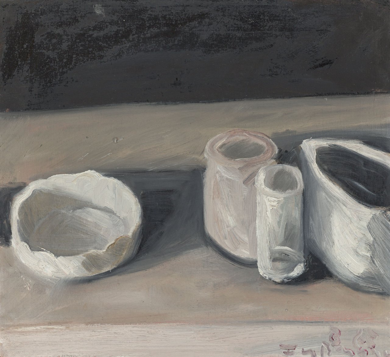 This picture shows the following artwork: Klaus Fußmann. Still life with bowl, glass and vases. 1985.