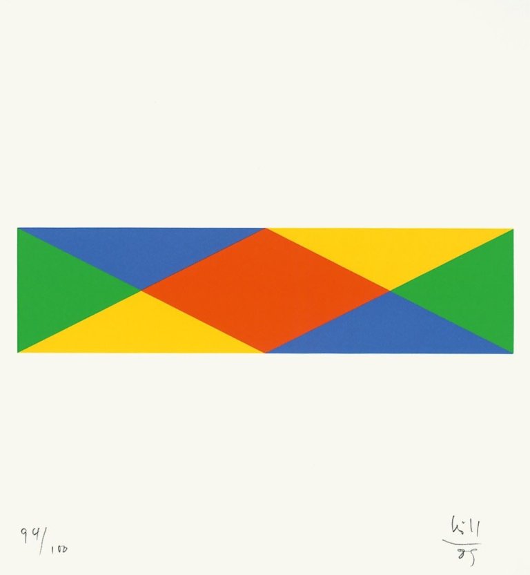 Auf diesem Bild ist das folgende Kunstwerk zu sehen: Max Bill. „4 quantengleiche Variationen - aus Blau und Gelb wird Rot und Grün“. 1989.
