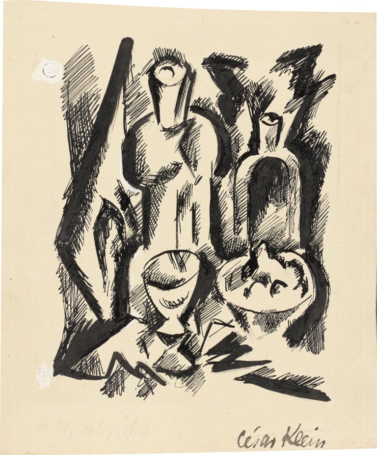 Auf diesem Bild ist das folgende Kunstwerk zu sehen: César Klein. Stillleben mit Flaschen.