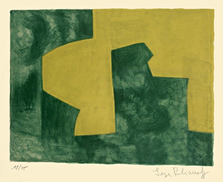 Auf diesem Bild ist das folgende Kunstwerk zu sehen: Serge Poliakoff. „Composition verte et jaune“. 1966.