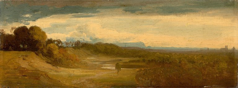 Auf diesem Bild ist das folgende Kunstwerk zu sehen:  Deutsch, um 1830. Voralpenlandschaft mit der Silhouette von München.
