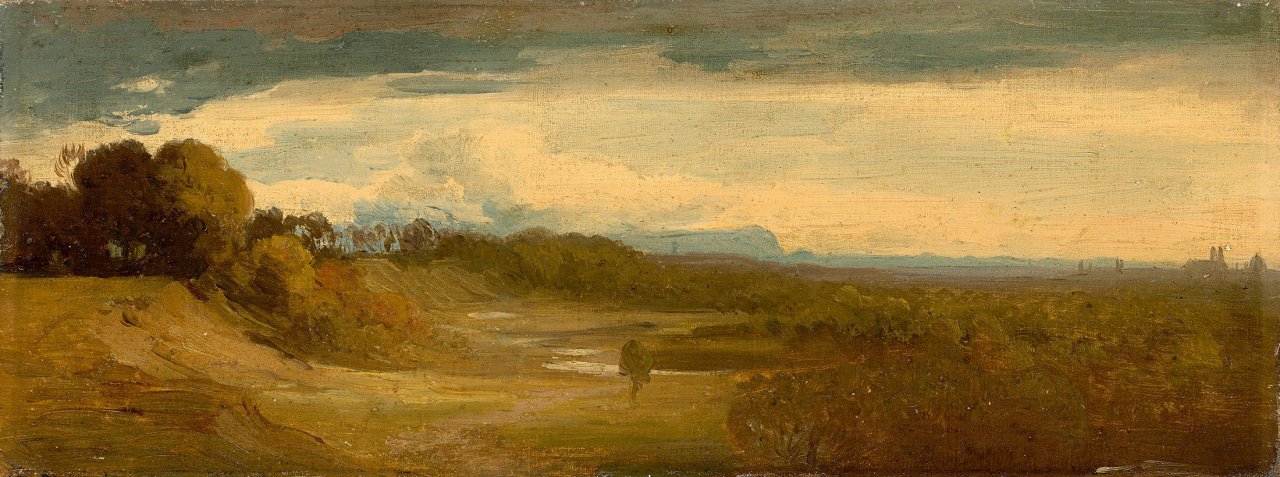 Auf diesem Bild ist das folgende Kunstwerk zu sehen:  Deutsch, um 1830. Voralpenlandschaft mit der Silhouette von München.