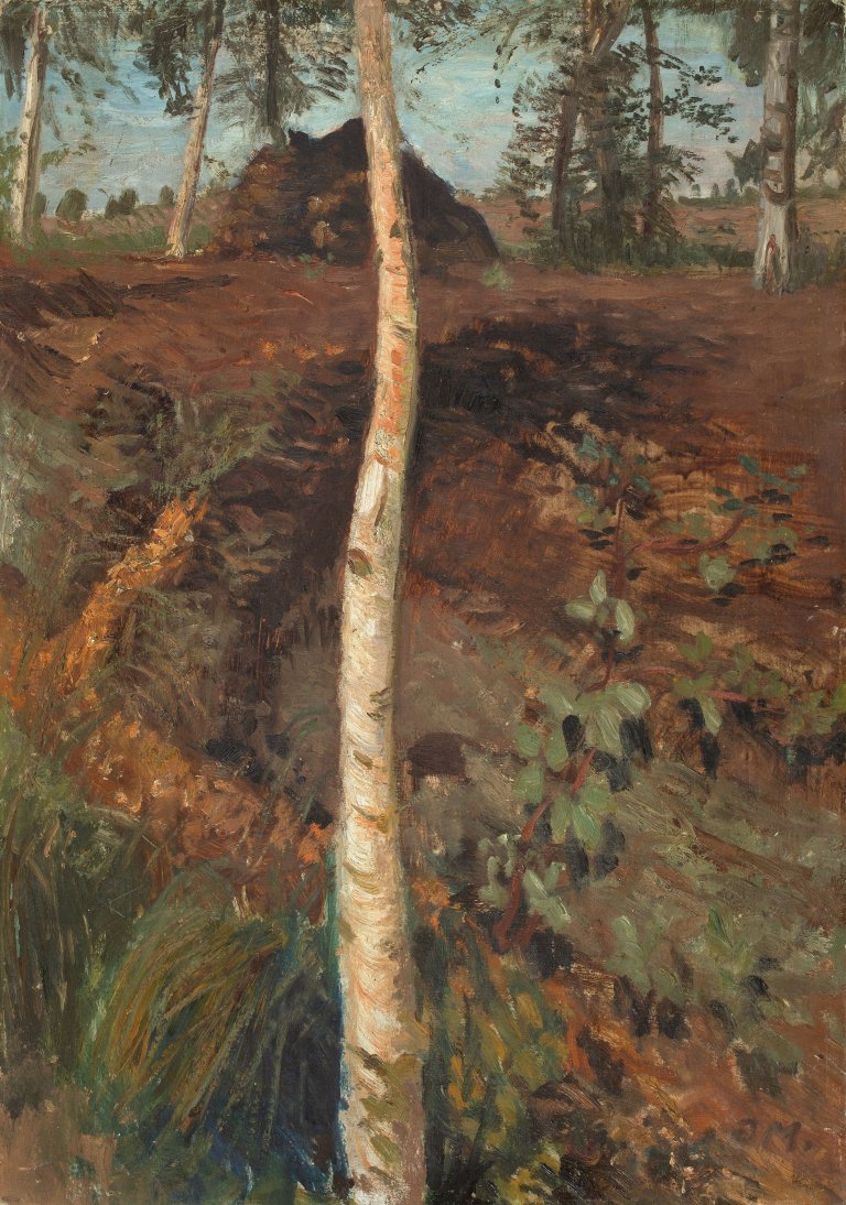 Auf diesem Bild ist das folgende Kunstwerk zu sehen: Otto Modersohn. Landschaft mit Birkenstamm. 1905.