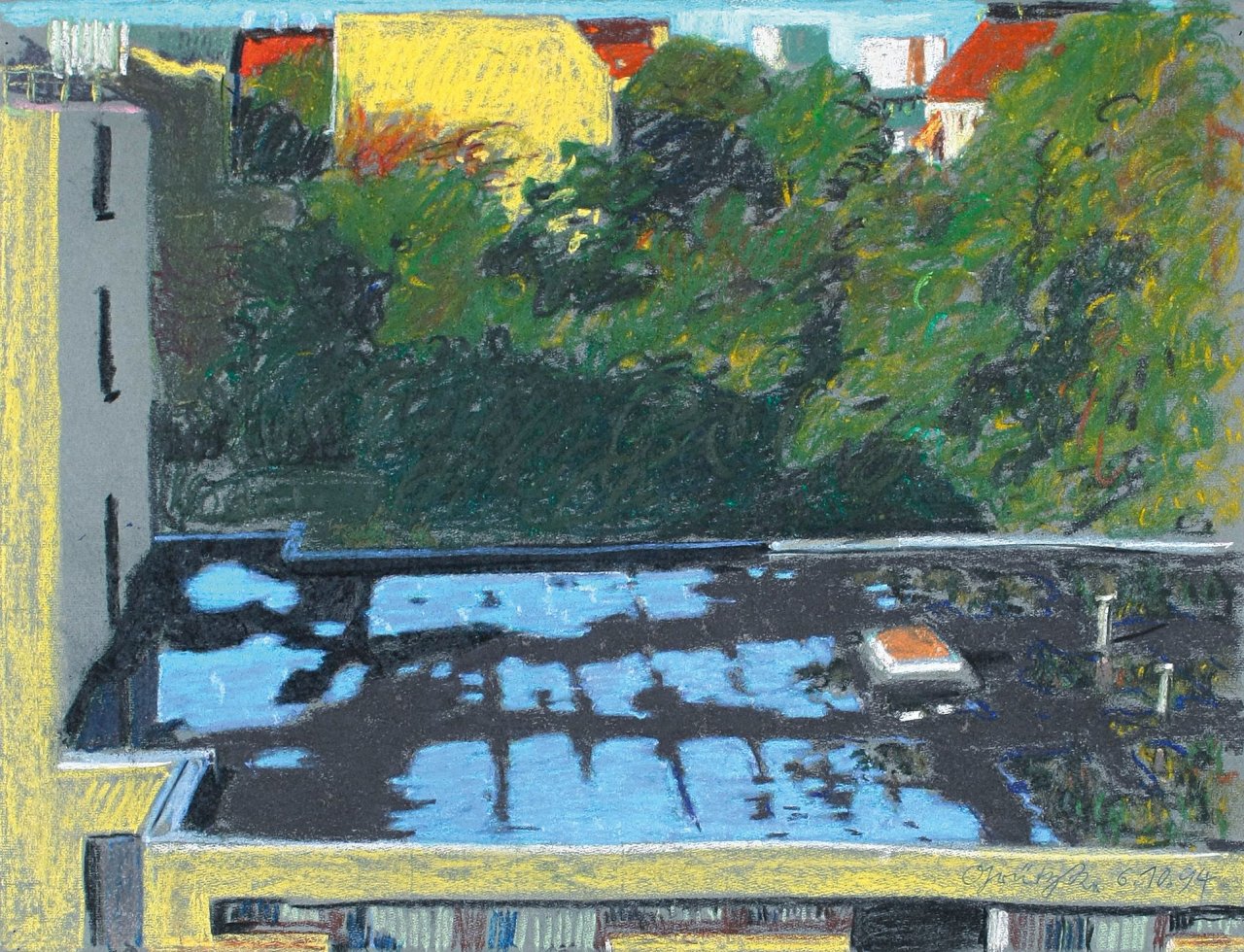 Auf diesem Bild ist das folgende Kunstwerk zu sehen: Johannes Grützke. Blick aus dem Atelierfenster. 1994.