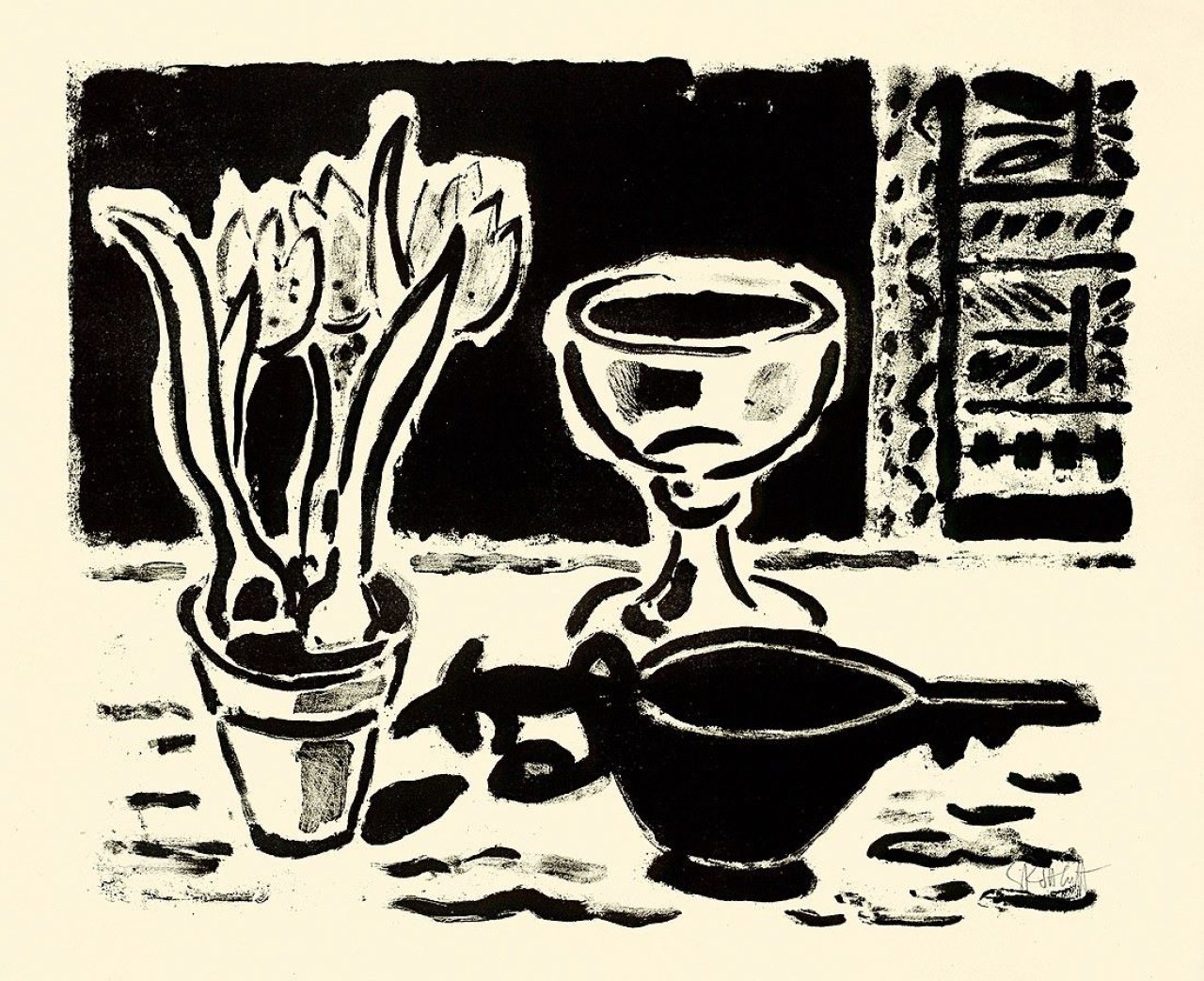 Auf diesem Bild ist das folgende Kunstwerk zu sehen: Karl Schmidt-Rottluff. „Stilleben mit Krokustopf“. 1953/54.