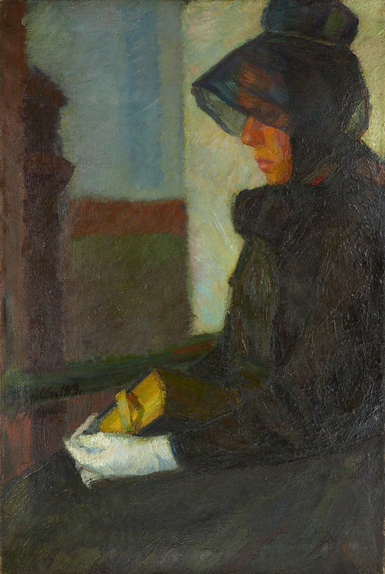 Auf diesem Bild ist das folgende Kunstwerk zu sehen: Conrad Felixmüller. „Hessisches Bauernmädchen in Kirchentracht“. 1913.
