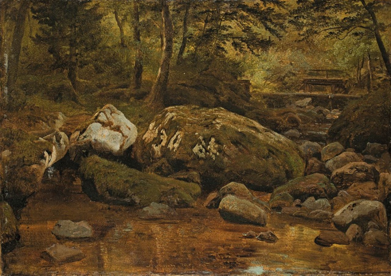 Auf diesem Bild ist das folgende Kunstwerk zu sehen: Georg Heinrich Crola (d.i. Croll). Bachlauf bei Ilsenburg. 1841.