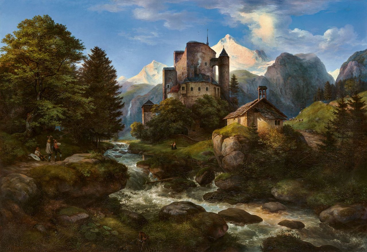 Auf diesem Bild ist das folgende Kunstwerk zu sehen: Ernst Ferdinand Oehme. „Tiroler Landschaft mit Burg Naudersberg“. 1847.