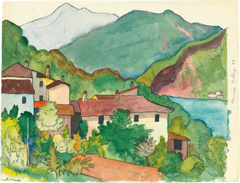 Auf diesem Bild ist das folgende Kunstwerk zu sehen: Hermann Hesse. Haus mit rotem Dach in Berglandschaft. 1928.