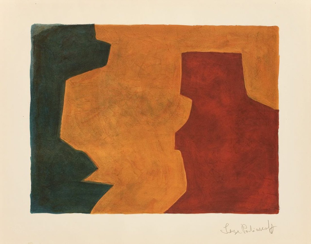 Auf diesem Bild ist das folgende Kunstwerk zu sehen: Serge Poliakoff. „Composition verte, orange et lie-de-vin“.. 1966.