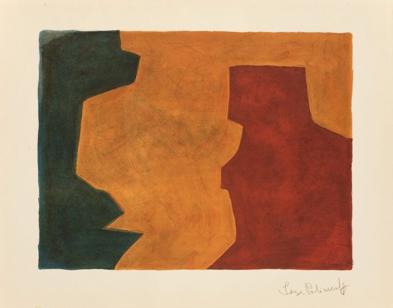Auf diesem Bild ist das folgende Kunstwerk zu sehen: Serge Poliakoff. „Composition verte, orange et lie-de-vin“.. 1966.
