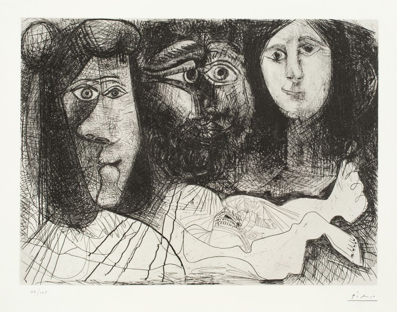 Auf diesem Bild ist das folgende Kunstwerk zu sehen: Pablo Picasso. „Autoportrait, avec deux femmes“. 1972.