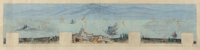 Auf diesem Bild ist das folgende Kunstwerk zu sehen: Lyonel Feininger. Entwurf für ein Wandgemälde auf der SS Constitution. 1950.