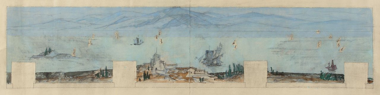 Auf diesem Bild ist das folgende Kunstwerk zu sehen: Lyonel Feininger. Entwurf für ein Wandgemälde auf der SS Constitution. 1950.