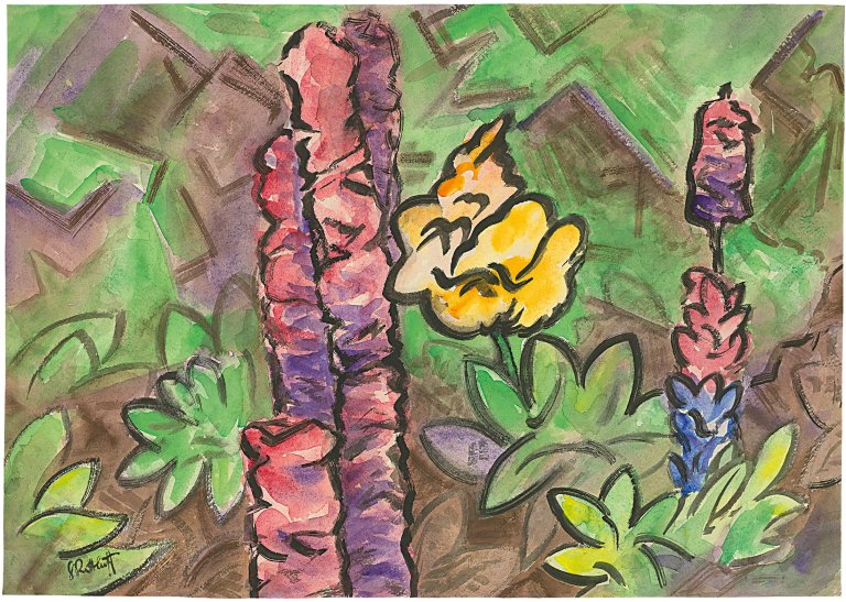 Auf diesem Bild ist das folgende Kunstwerk zu sehen: Karl Schmidt-Rottluff. Gartenblumen vor bergiger Landschaft. 1962.