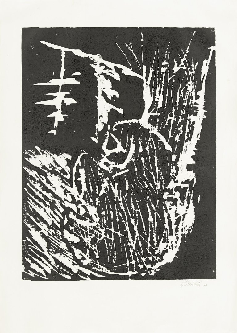 Auf diesem Bild ist das folgende Kunstwerk zu sehen: Georg Baselitz. „Kopf mit Tannenbaum“. 1982.