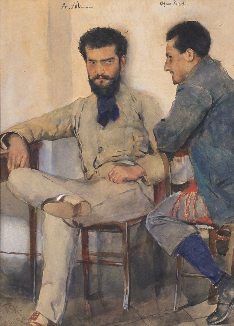 Auf diesem Bild ist das folgende Kunstwerk zu sehen: Franz Skarbina. Die Maler Alessandro Altamura und Othmar Brioschi im Hotel Pagano auf Capri. 1883.