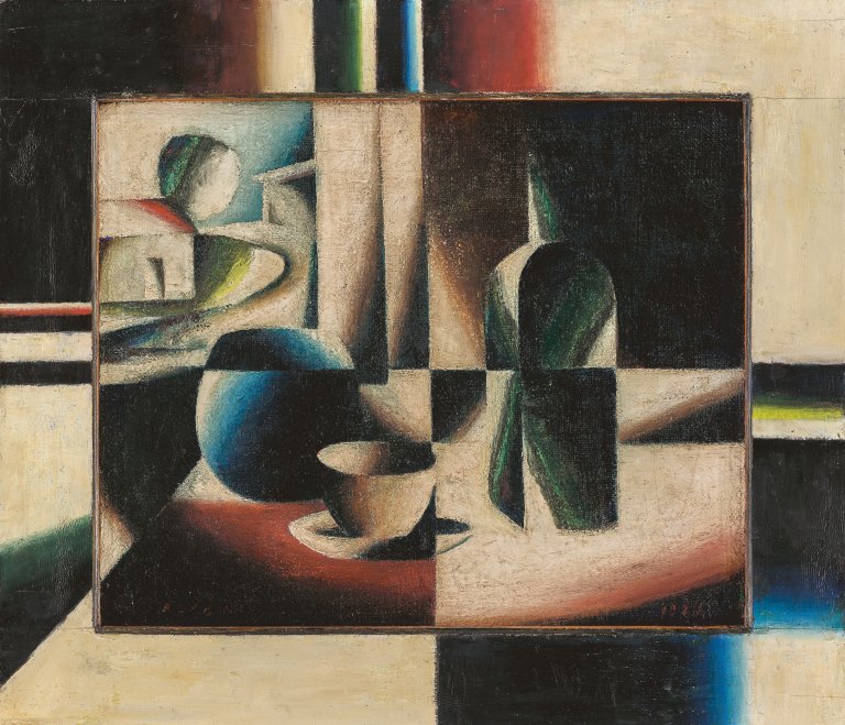 Auf diesem Bild ist das folgende Kunstwerk zu sehen: Arthur Segal. „Stilleben mit Flasche“. 1924.