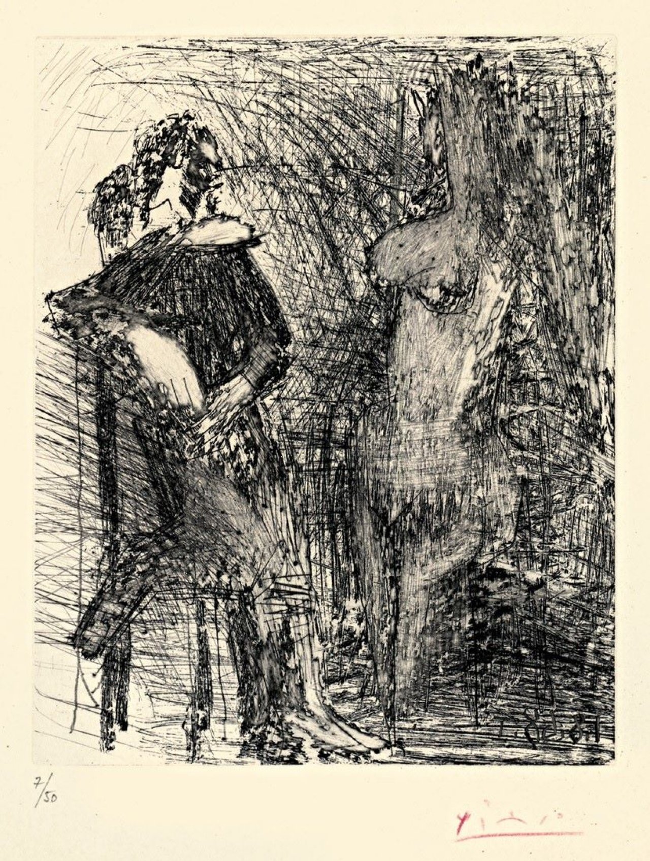 This picture shows the following artwork: Pablo Picasso. „Homme accoudé et à demi agenouillé sur une chaise devant (ou pensant à) une femme“. 1968.