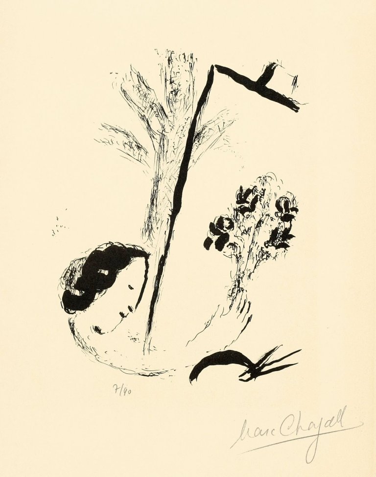Auf diesem Bild ist das folgende Kunstwerk zu sehen: Marc Chagall. „Le Bouquet à la main“. 1957.
