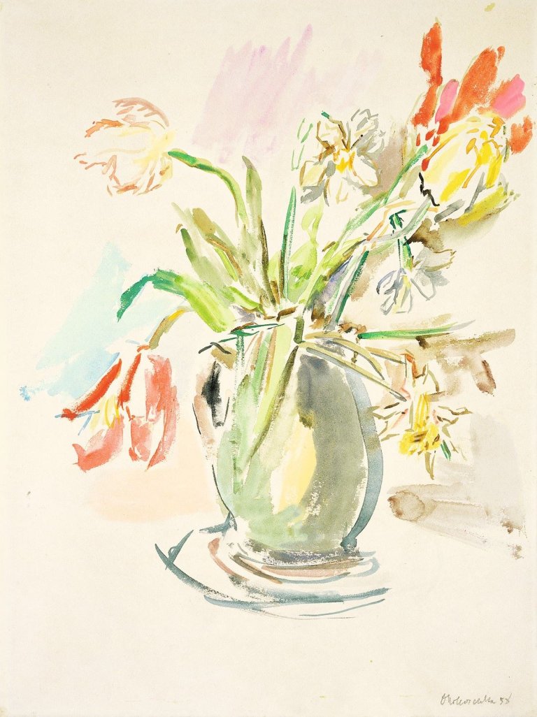 Auf diesem Bild ist das folgende Kunstwerk zu sehen: Oskar Kokoschka. Vase mit verblühenden Tulpen. 1958.