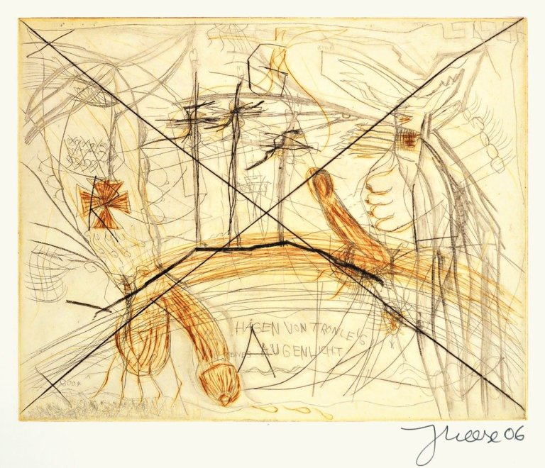 Auf diesem Bild ist das folgende Kunstwerk zu sehen: Jonathan Meese. „Zwei Schwänze für ein Halleluja (Django IV-II)“ / „Die Exe Schrympylei“ / „Der hohlste Kunsthistoriker“ / „Der Junker Toni, Ohni“ / „Don Skeletti im Fettnapf mit 10 Zäpfchen“ / „Colonel Iverson“. 2006.