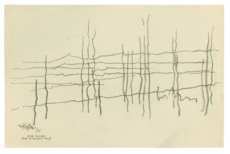 Auf diesem Bild ist das folgende Kunstwerk zu sehen: Lyonel Feininger. „Spring Landscape (along the Housatonic River)“. 1951.