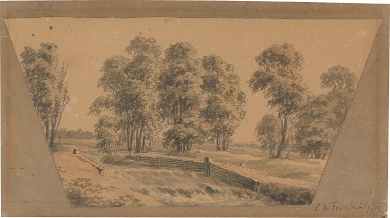 This picture shows the following artwork: Caspar David Friedrich. ”Landschaft mit Wehr”. Circa 1799.