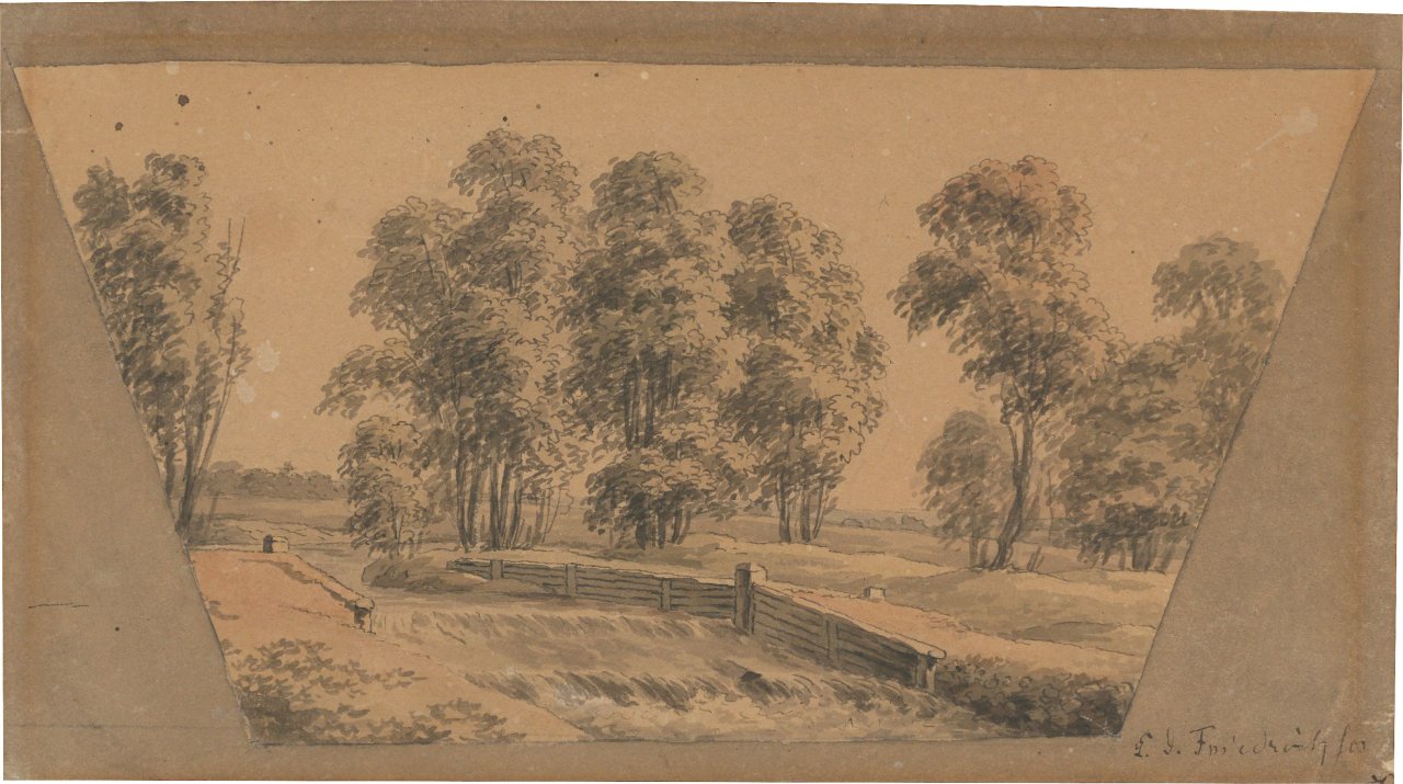 This picture shows the following artwork: Caspar David Friedrich. ”Landschaft mit Wehr”. Circa 1799.