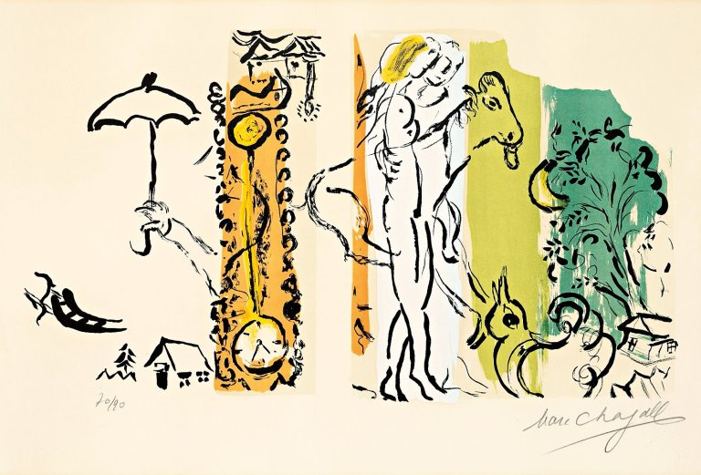 Auf diesem Bild ist das folgende Kunstwerk zu sehen: Marc Chagall. „Paysage aux Isbas“. 1957.