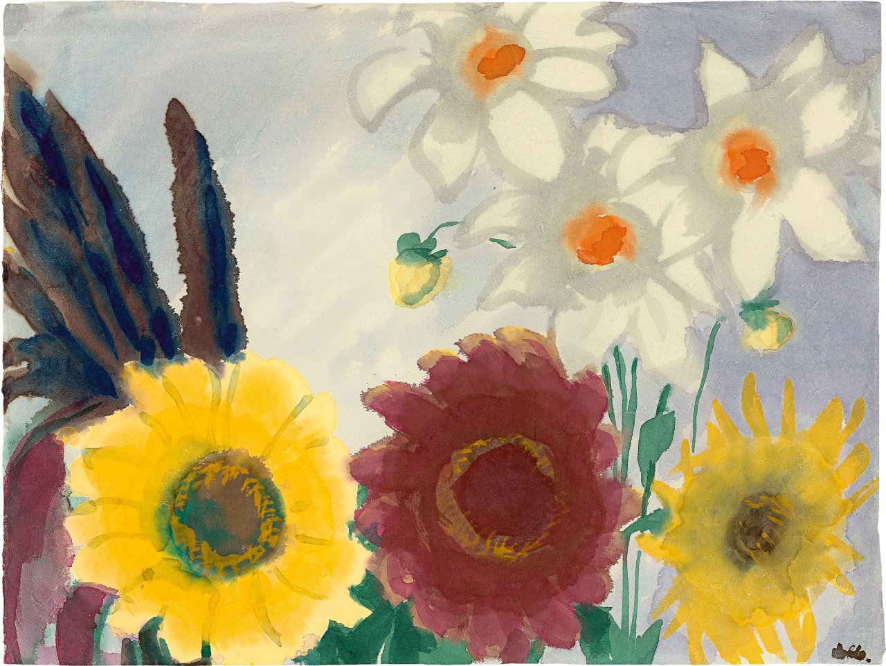 This picture shows the following artwork: Emil Nolde. Sunflowers and dahlias.