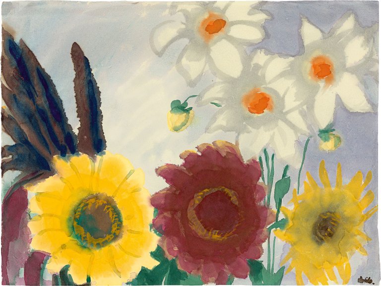 This picture shows the following artwork: Emil Nolde. Sunflowers and dahlias.