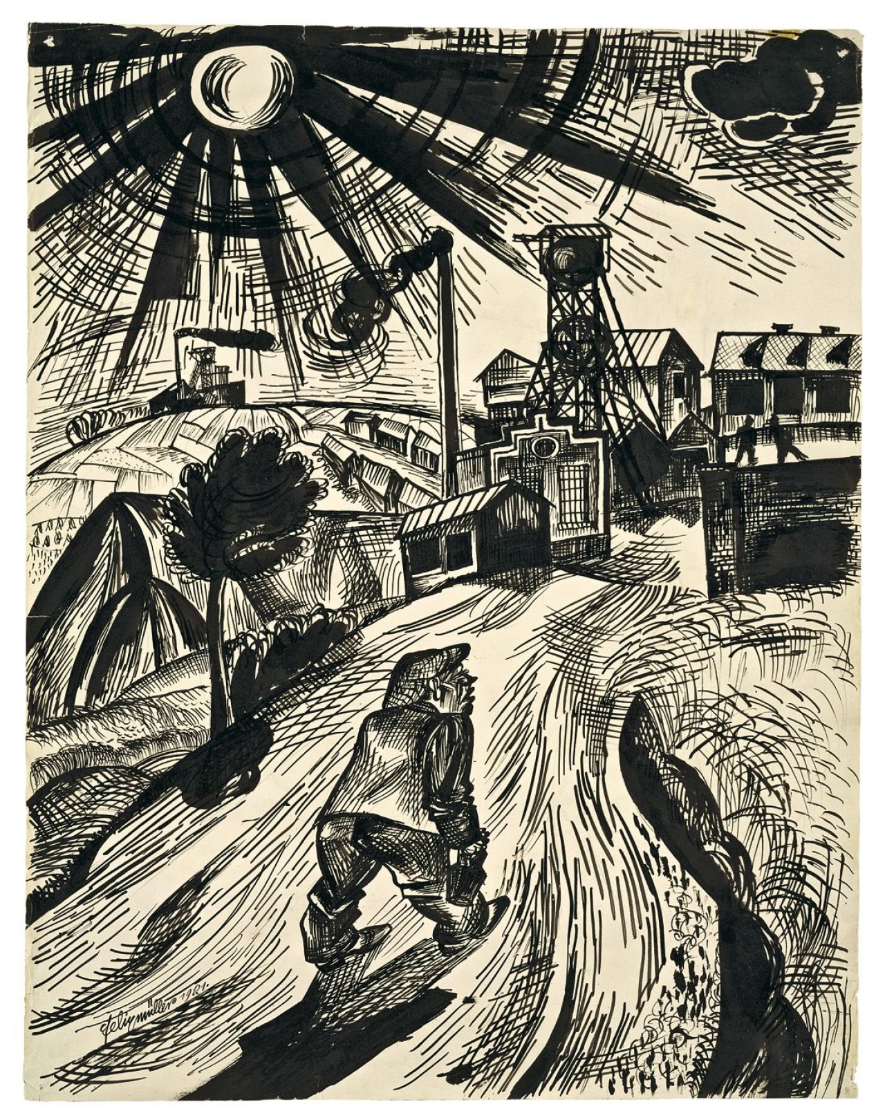 Auf diesem Bild ist das folgende Kunstwerk zu sehen: Conrad Felixmüller. „Zeche am Mittag“. 1921.