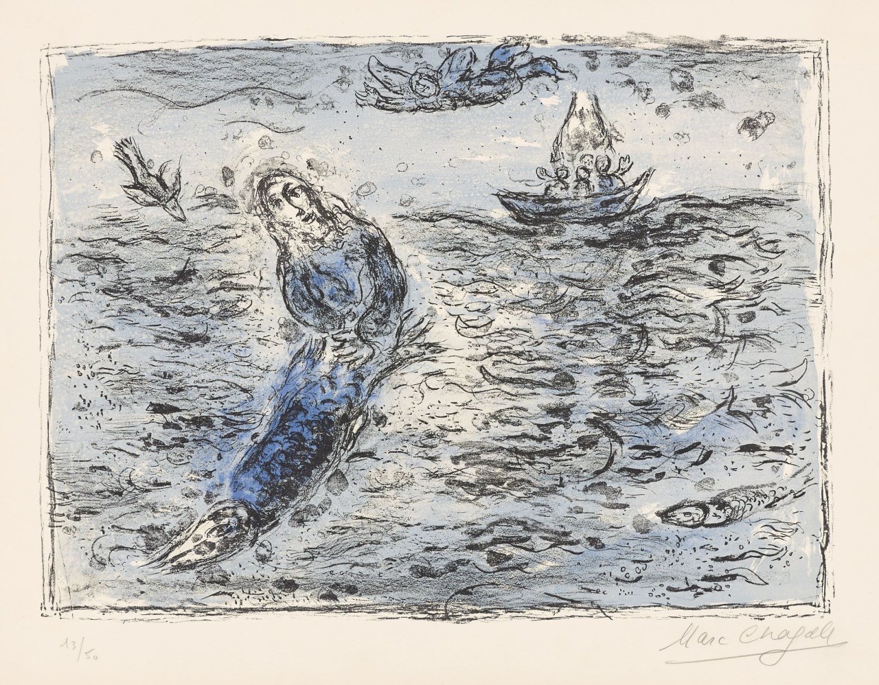 Auf diesem Bild ist das folgende Kunstwerk zu sehen: Marc Chagall. „Jonas auf blauem Hintergrund“. 1972.