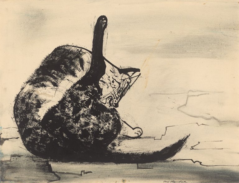 Auf diesem Bild ist das folgende Kunstwerk zu sehen: Josef Hegenbarth. „Sich leckende Katze“. 1952.