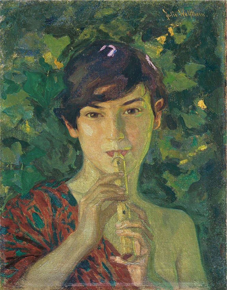 Auf diesem Bild ist das folgende Kunstwerk zu sehen: Julie Wolfthorn. „Flötenbläser“. Um 1900.