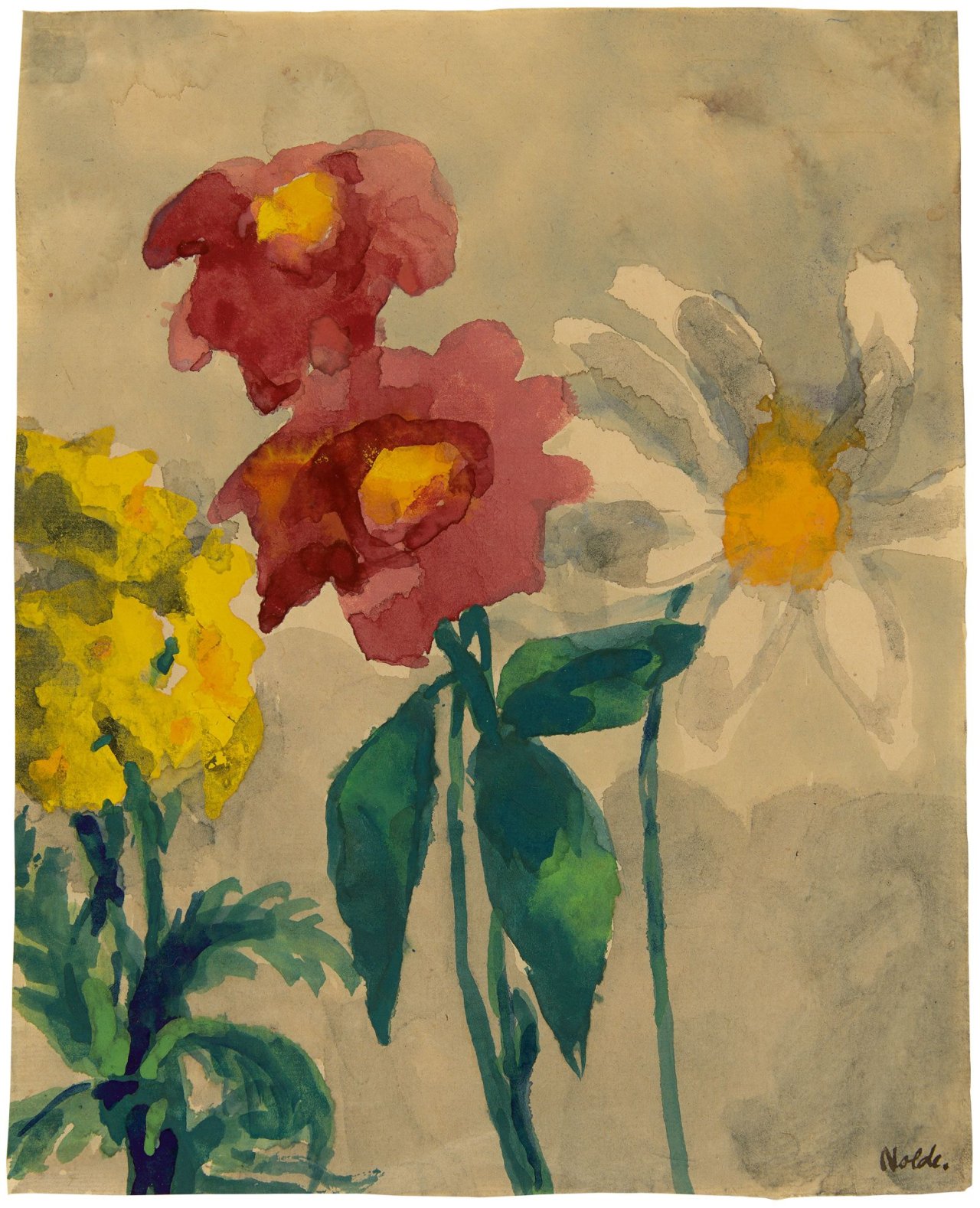 This picture shows the following artwork: Emil Nolde. Rote, gelbe und weiße Blüten.