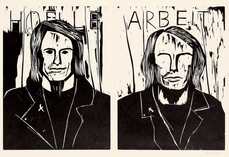 Auf diesem Bild ist das folgende Kunstwerk zu sehen: Albert Oehlen. „Hoelle“ / „Arbeit“. 1989.