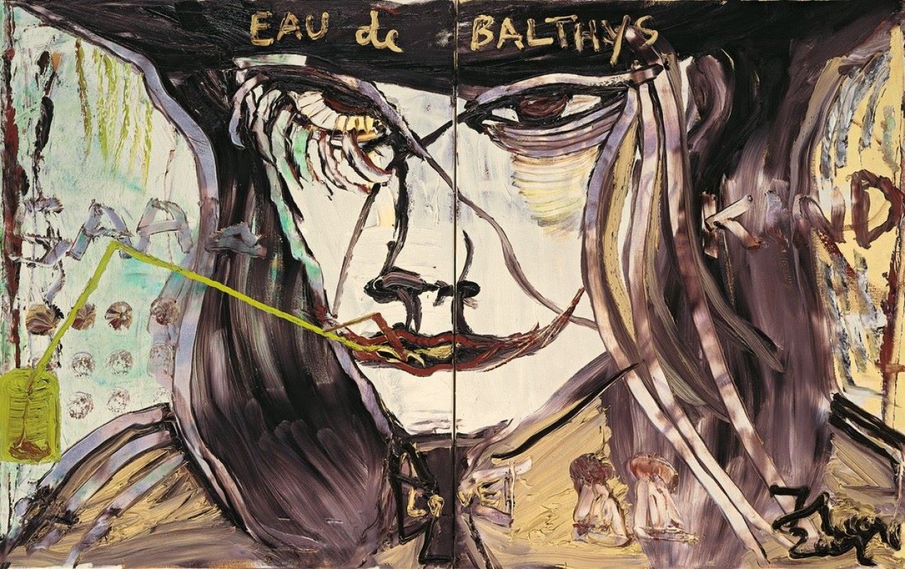 Auf diesem Bild ist das folgende Kunstwerk zu sehen: Jonathan Meese. EAU de BALTHYS (seine grünliche MAULMILCH WIRD'S bald allschimmern). 2002.