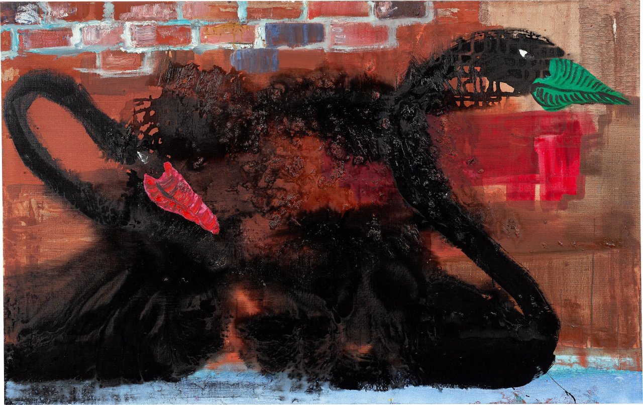 Auf diesem Bild ist das folgende Kunstwerk zu sehen: Rainer Fetting. „2 Schwäne vor Mauer“. 1996.